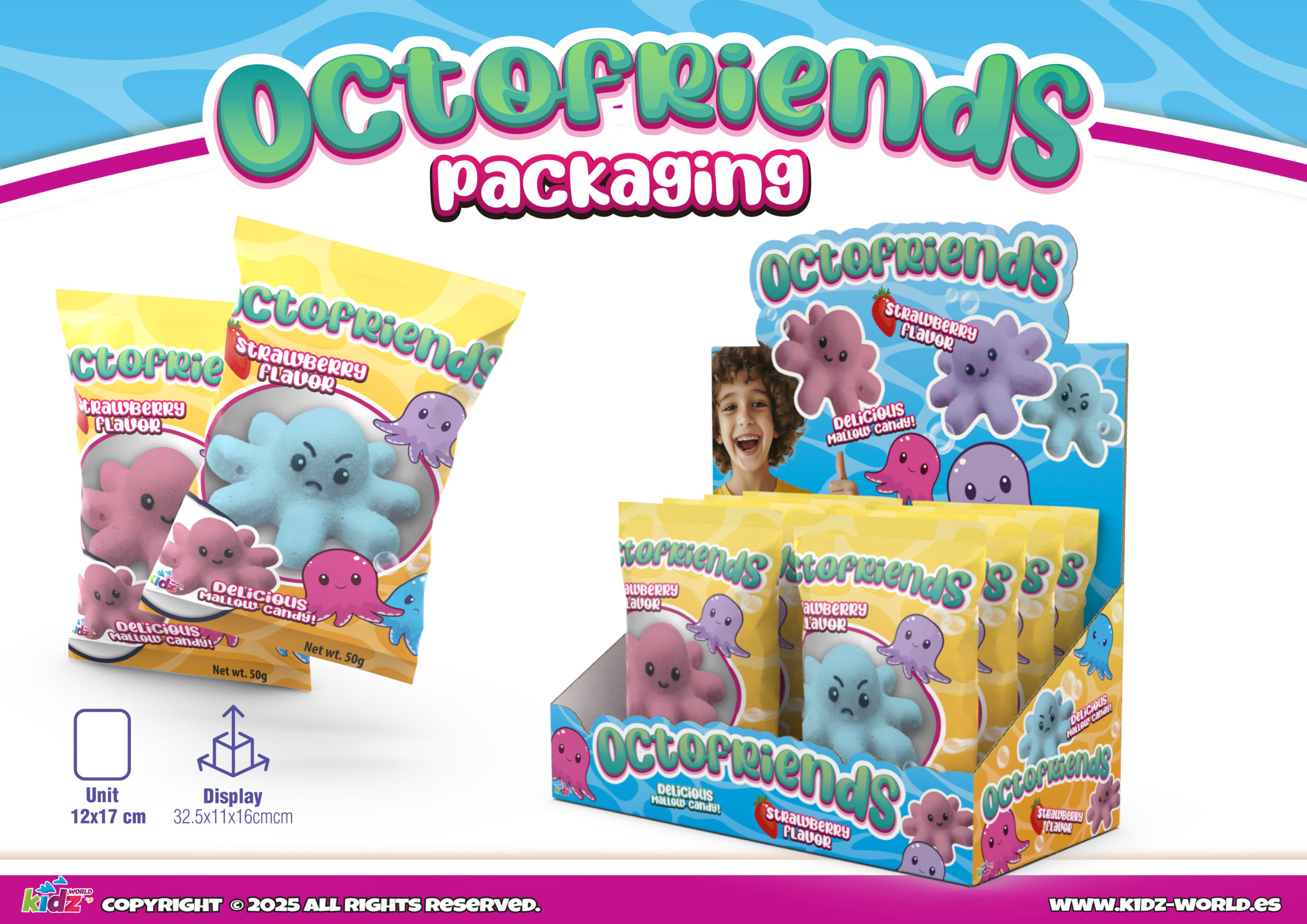 Octofriends candy bags and retail display from the current Kidz World website