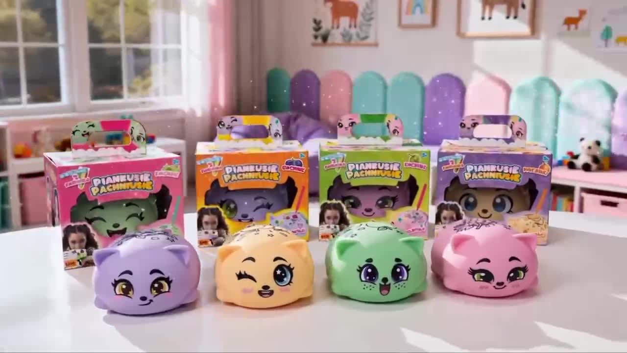 Four colourful Puffy Mallows characters and packaging